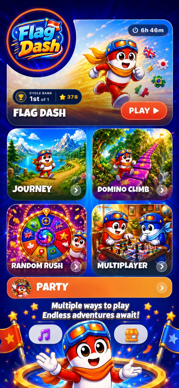 FlagDash home screen showing Journey, Domino Climb, Random Rush, multiplayer and party modes