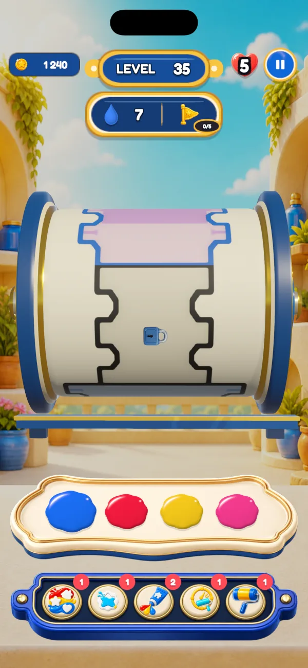Chromaroll gameplay: a barrel drum on a blue and gold press with four inks on the tray
