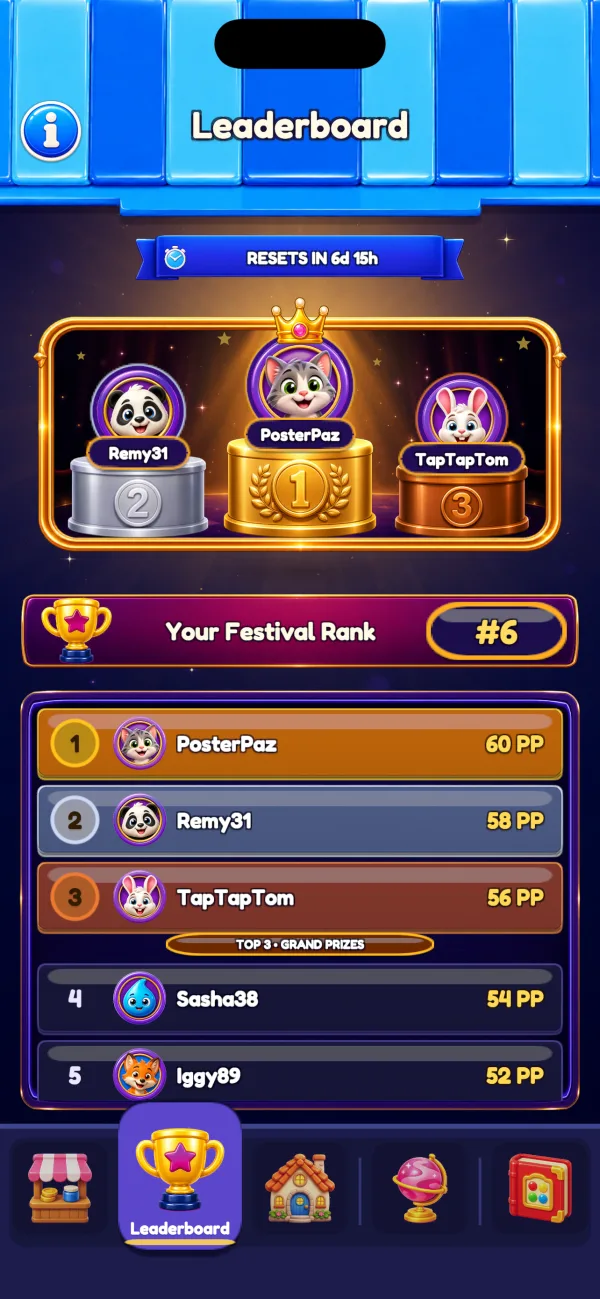 The Chromaroll weekly Paint Festival leaderboard with a podium and ranked players
