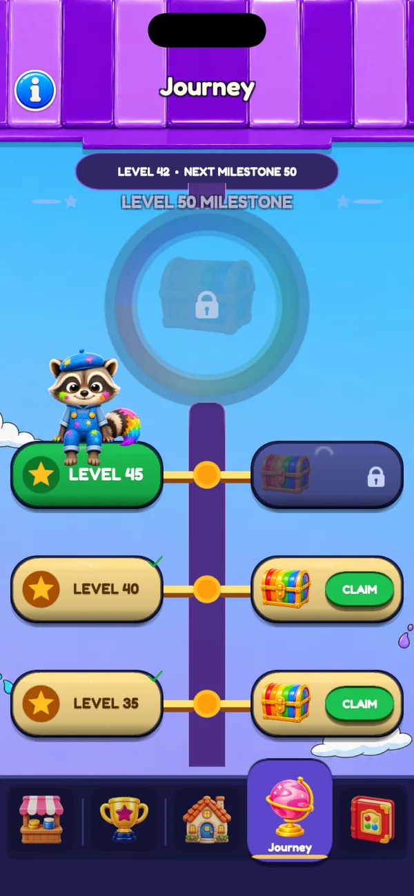 The Chromaroll Journey map: a rainbow road of levels with milestone chests