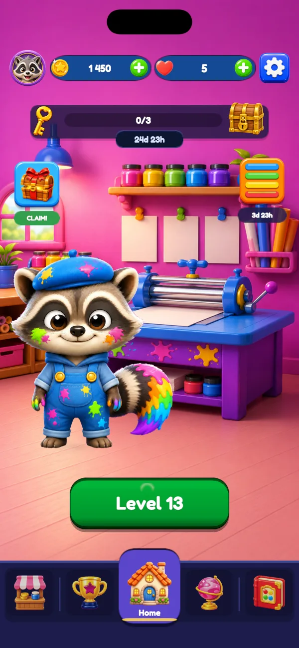 The Chromaroll home screen: the raccoon mascot in a pink print workshop