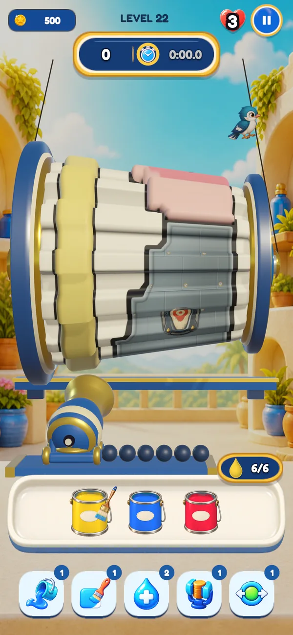 A blue bird perched on the string of a Chromaroll drum