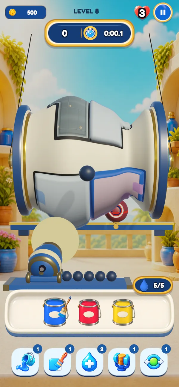 A bomb stuck to an armored drum in Chromaroll, a cannonball flying towards it