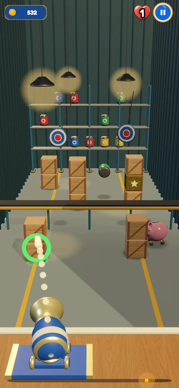 A Chromaroll bonus round: a shot arcing towards targets, crates and a star on a fairground stand