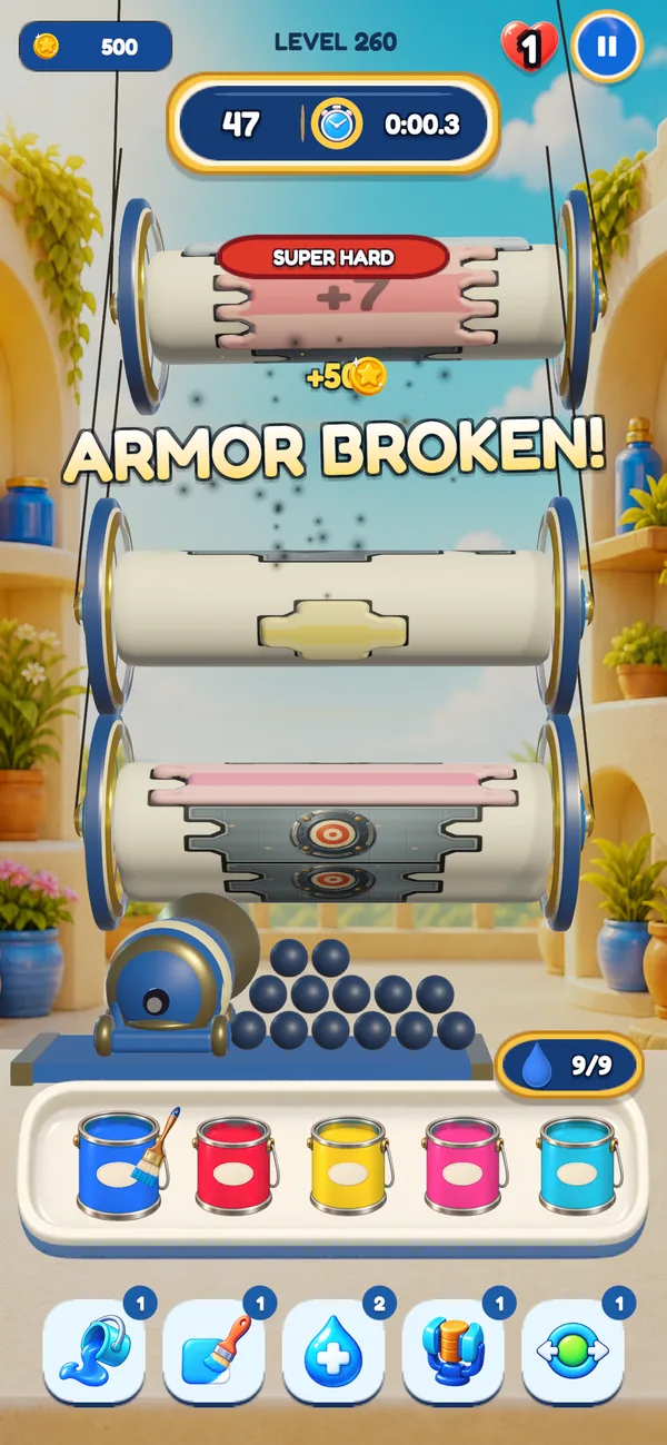 A Super Hard Chromaroll boss level: two drums stacked on their strings with armor flying off