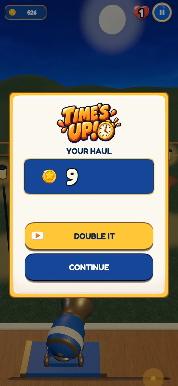 The Time's Up card after a Chromaroll bonus round showing the coin haul and a Double It button