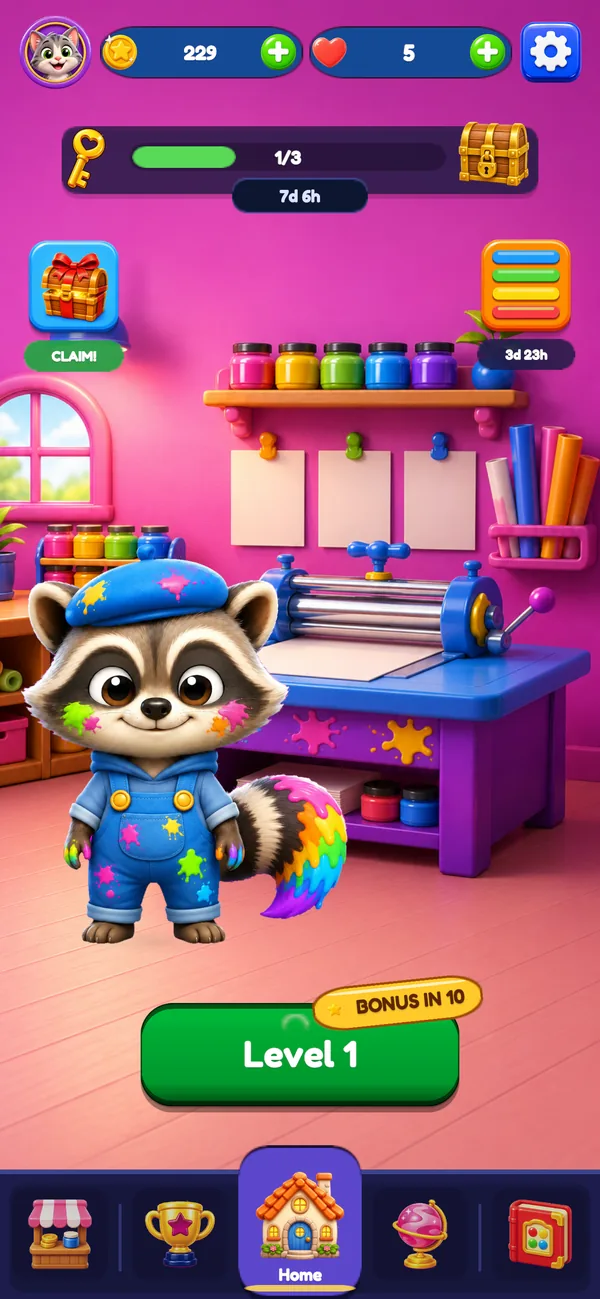 The Chromaroll home screen: the painter raccoon in a pink print workshop