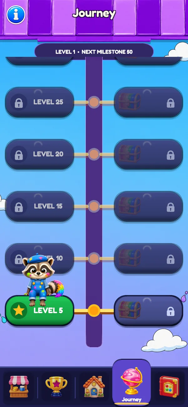 The Chromaroll Journey map with milestones and the raccoon at level 5