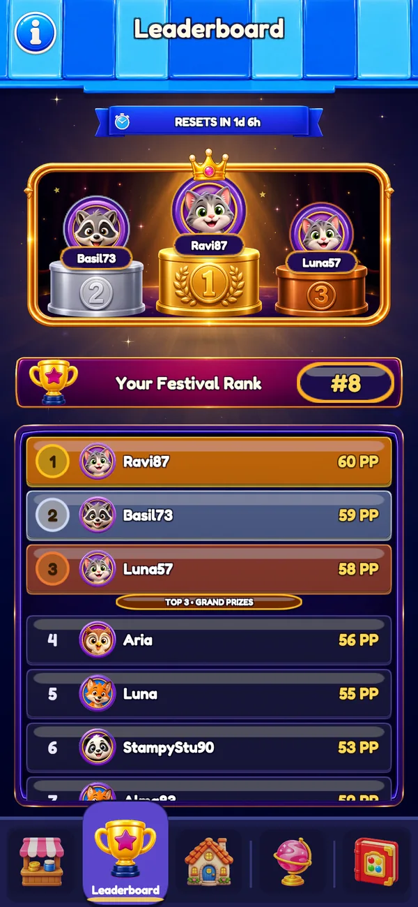The Chromaroll weekly Paint Festival leaderboard with a podium and ranked players