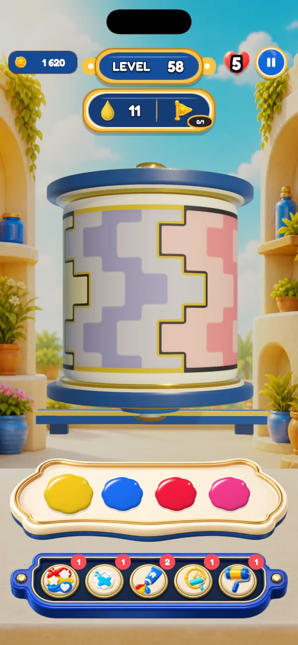 An upright drum spinning sideways with a pastel puzzle-pattern poster in Chromaroll